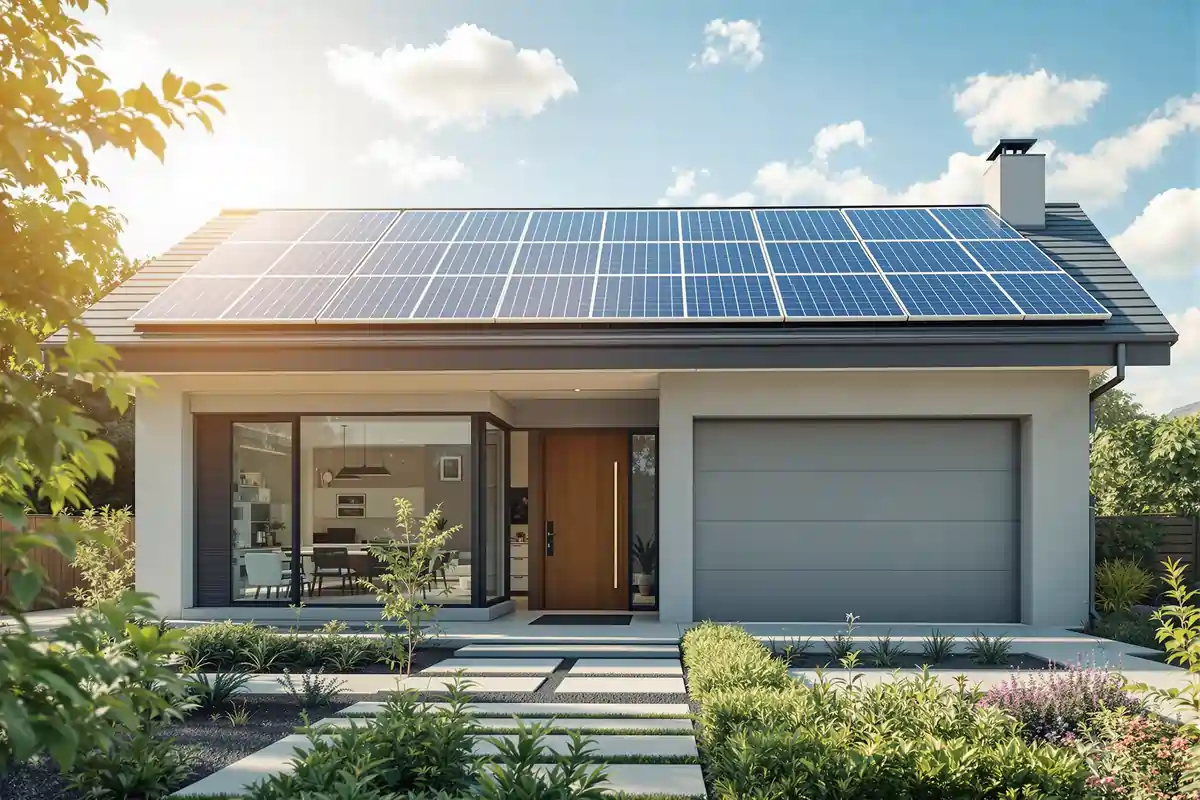 Home with solar panels and for sale sign